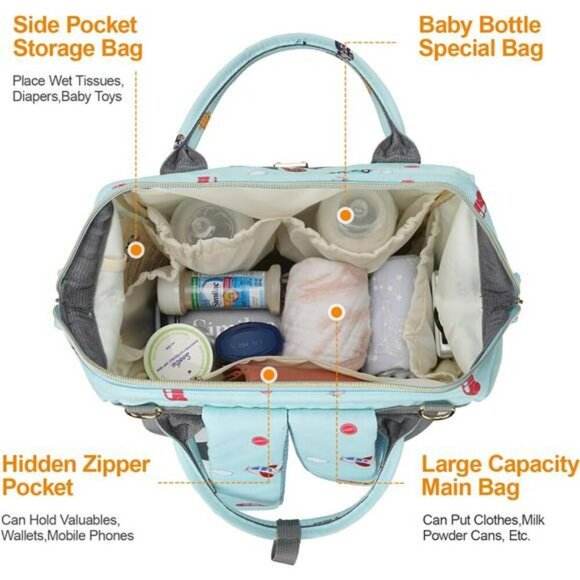 Diaper Bag Backpack Large Waterproof Baby Bag USB Stroller Straps Travel Blue - Picture 4 of 7